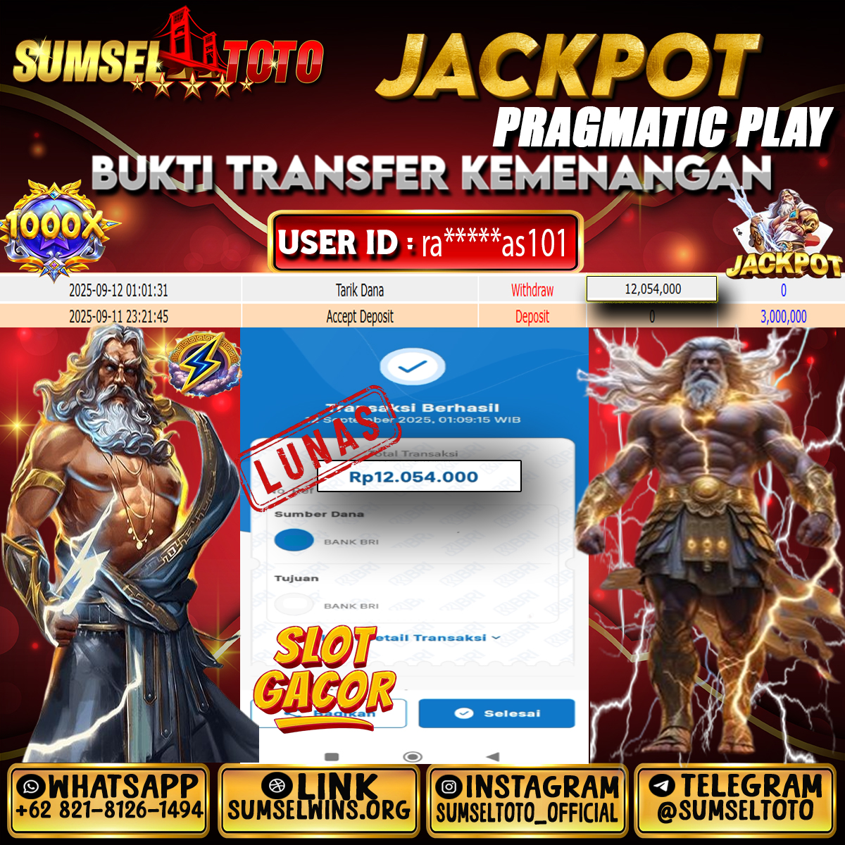 SUMSELTOTO JACKPOT ZEUS Rp.12,054,000.,- LUNAS